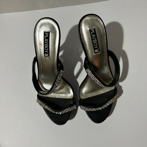 Playboy, Strappy Rhinestone 5.5" Black and Silver Heels, sz 9, Y2K - Picture 5 of 8